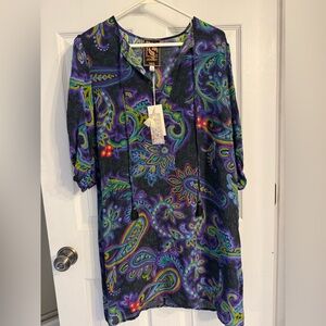 NWT SMALL Johnny Was Black Dress with Purple Paisley Print